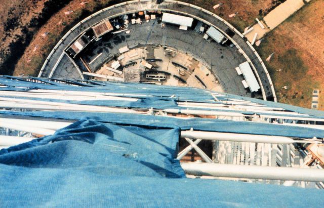 Looking straight down the west side of the scaffolding surrounding the Washington Monument from the 500-foot level. Picture