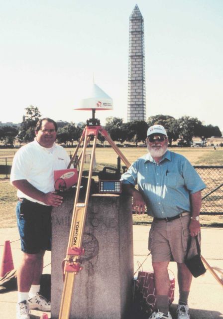Mike Nixon (L) and Ellis Veatch occupying the Zero Milestone of the Chesapeake and Ohio Canal with the Washington Monument in the background. Picture