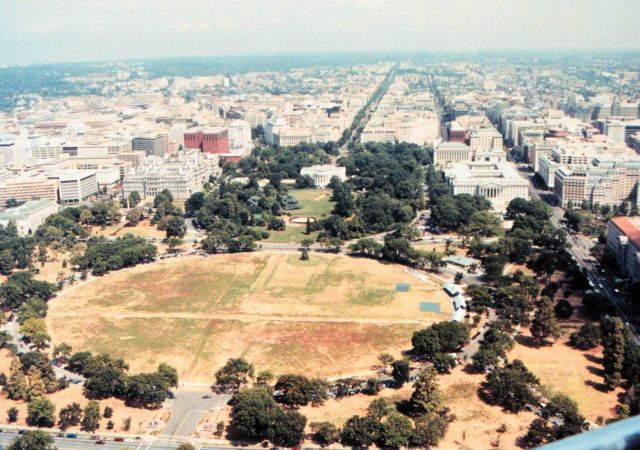 Looking N from the top of the Washington Monument with the Ellipse in the foreground and the White House in the center. Picture