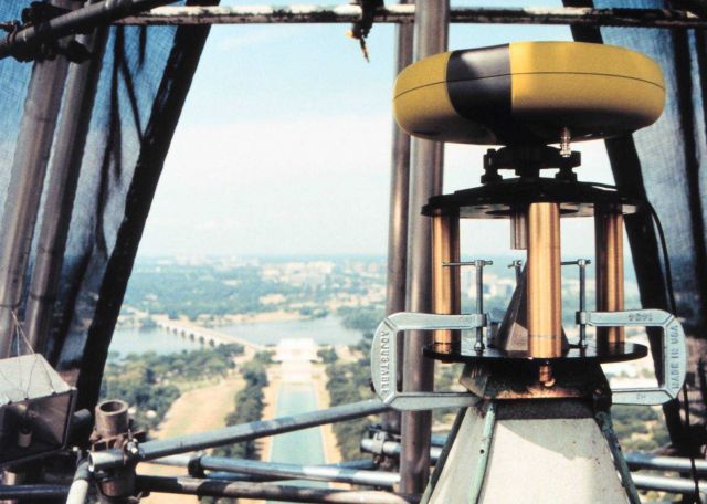 A Javad Positioning System antenna atop the Washington Monument Picture
