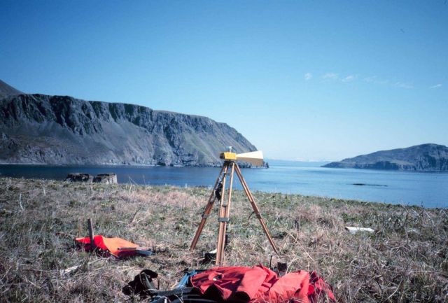 Electronic distance measurement instrument Tellurometer CA1000 Sutwik Island in right background. Picture