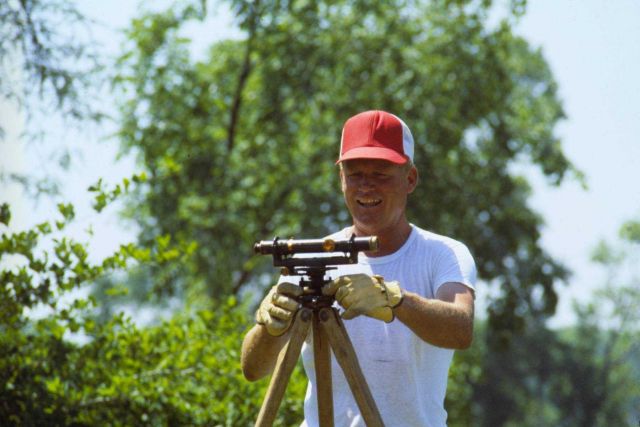 Leonard Bergman, building foreman, leveling site for the tower. Picture