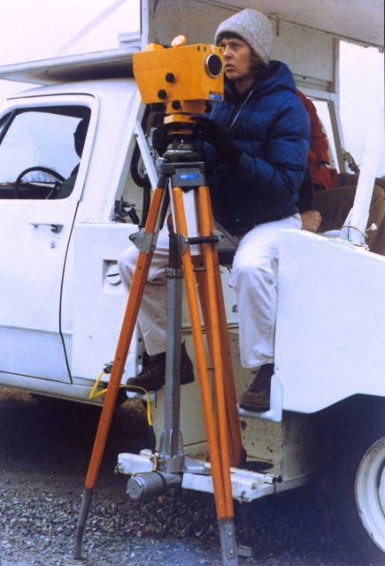 Anita Whitis testing the prototype motorized leveling unit at Corbin, Virginia, in December 1978. Picture