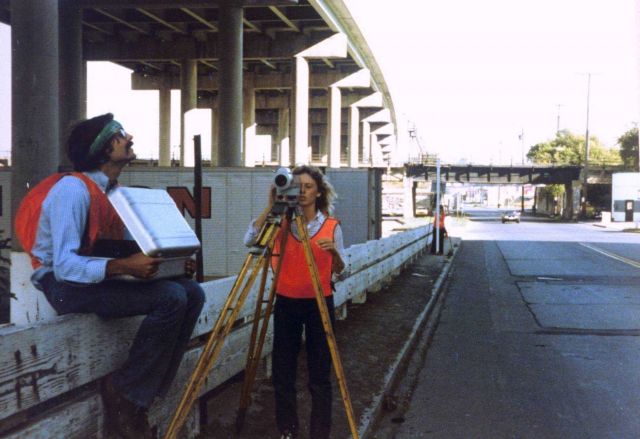 Anita Whitis running the gun and Bob Gex recording during leveling operations at Niagara Falls Picture