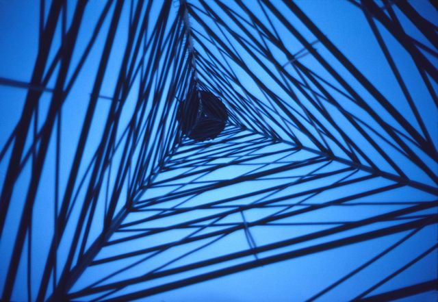 Looking up the inside of a Bilby tower to the bottom of the observing platform. Picture