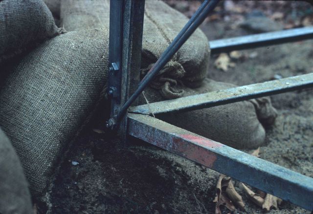 Closeup of sandbags anchoring Bilby tower. Picture
