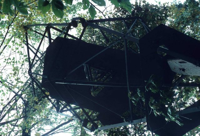 Observer's platform and triangle boards formerly above platform, now askew after windstorm. Picture