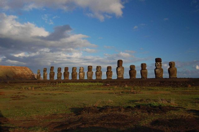 Moai facing inland at Ahu Tongariki, restored by Chilean archaeologist Claudio Cristino in the 1990s. Picture