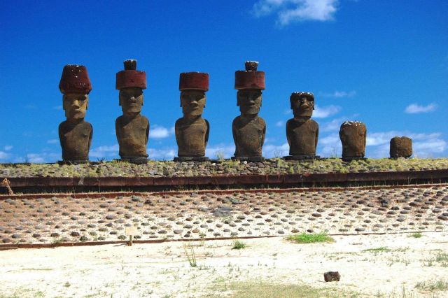 Moai with red topknot hats at Anakena Ahu Na Picture