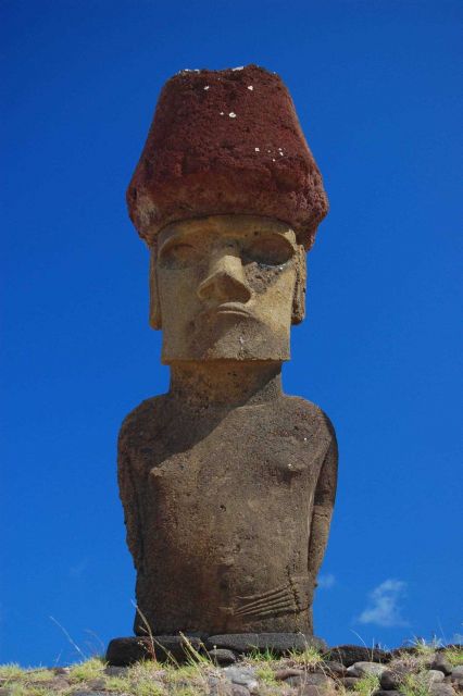 Moai with red topknot hats at Anakena Ahu Na Picture