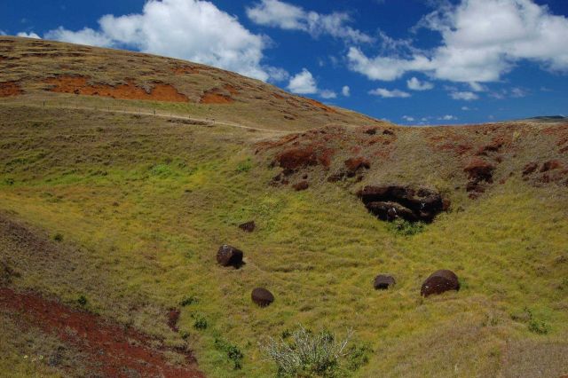 The red scoria quarry where the pukao or red topknot hats were manufactured. Picture
