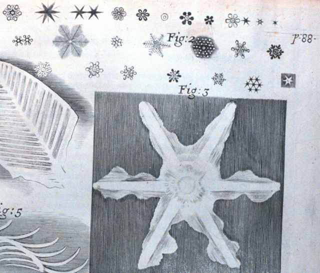 Images of snowflakes showing six-sided symmetry and ice crystals Picture