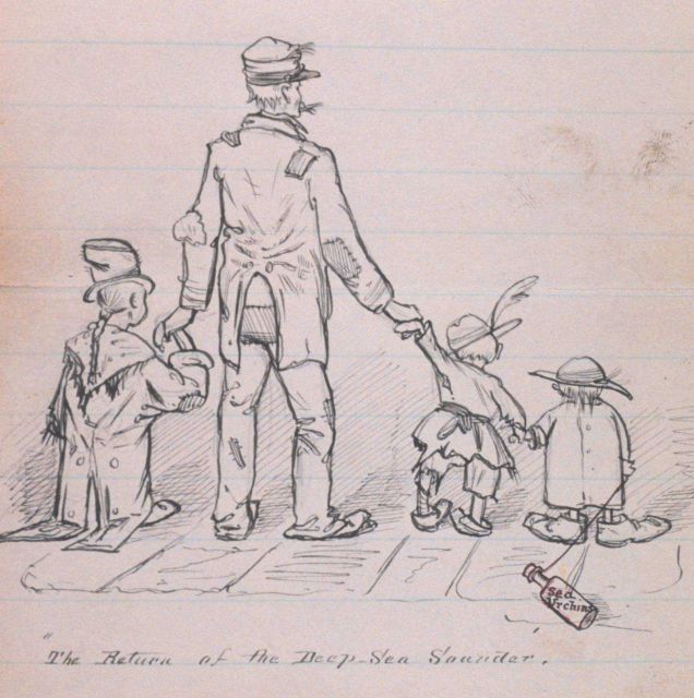 Cartoon depicting long periods at sea on the BLAKE and poor pay for supporting family Picture
