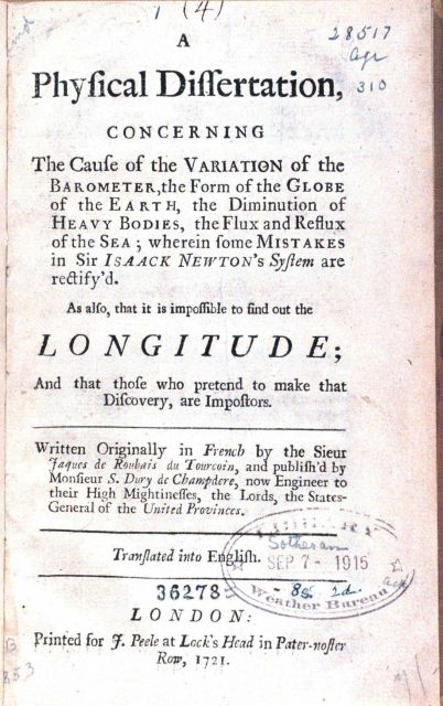 Title page to: A physical dissertation, concerning the cause of the variation of the barometer ...., by Jacques de Roubaix Picture