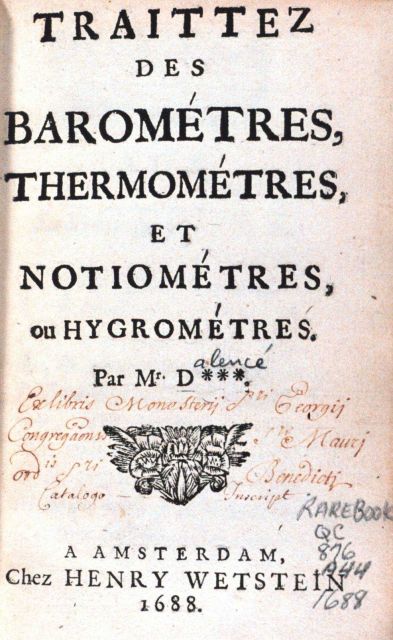 Title page to: Traittez de barometres, thermometres, et notiometres, ou hygrometres, by Joachim d'Alence, d Picture