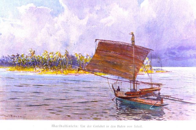 A palm-covered atoll with a native sailing craft in the Marshall Islands Picture
