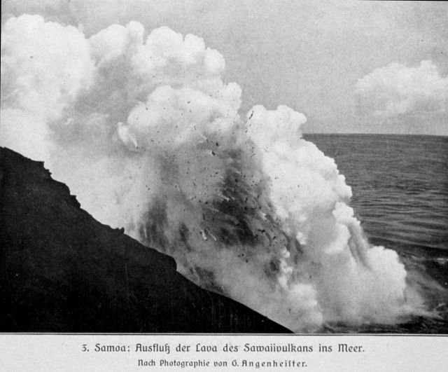 Hot lava enters the sea explosively from an eruption at Samoa Picture