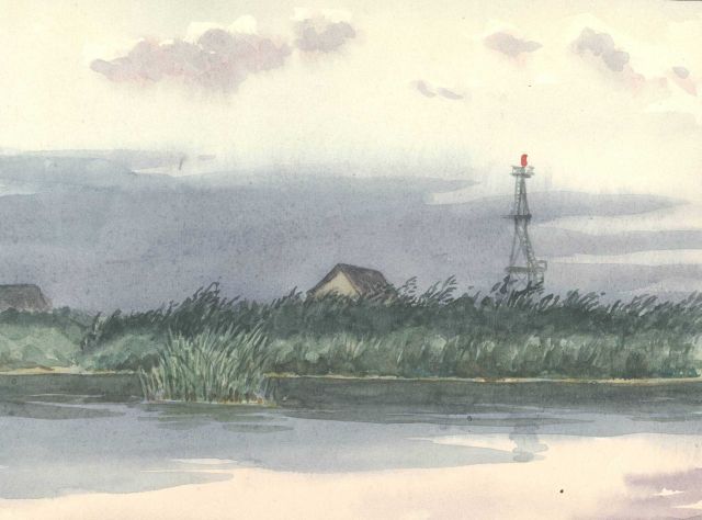 A survey tower with flag for identification of point if used during hydrographic survey. Picture