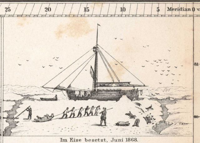 Illustrations in Petermann's Geographische Mittheilungen of German Arctic Expedition of 1868 stuck in the ice. Picture