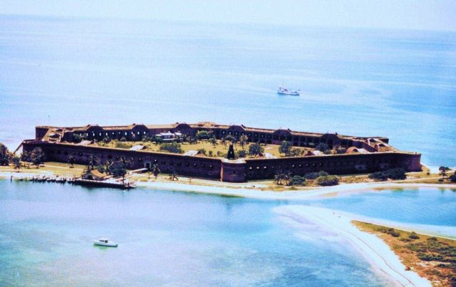Aerial view of Fort Jefferson with NOAA Ship FERREL anchored offshore in background. Picture