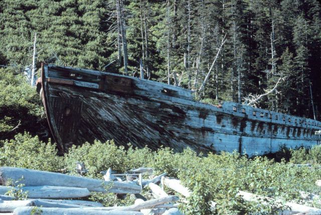 An old wooden ship cast ashore. Picture