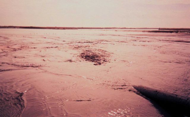 The Greenhill/East Timbalier dredged material coming out of pipe inside of levees -- will dry to form new land. Picture