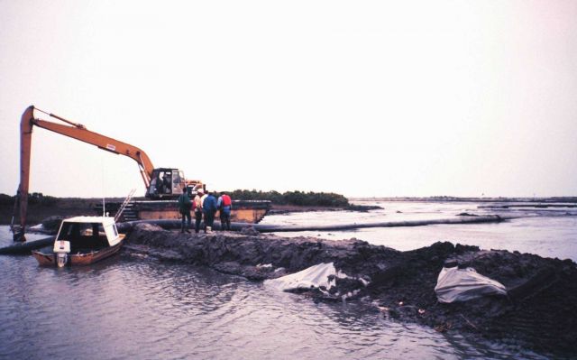 The Greenhill/East Timbalier dredge deposition -- backhoe is used to move pipe to evenly distribute the dredge material. Picture
