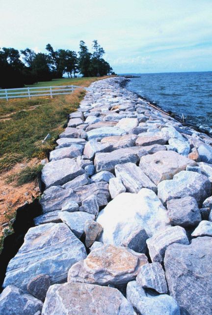 Rock seawall to mitigate erosion at the south end of Tilghman Island. Picture