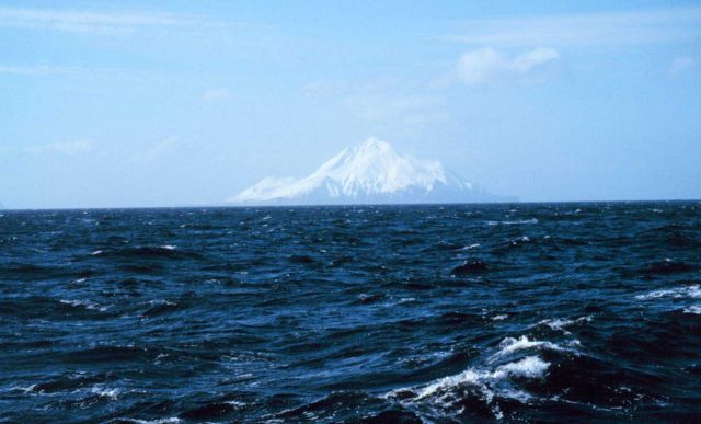 An Aleutian Island peak looms in the distance. Picture