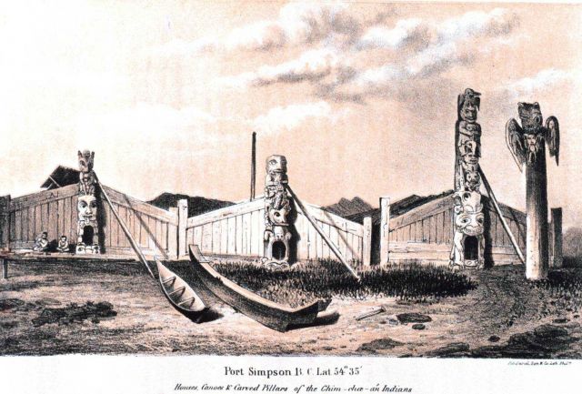 Native dwellings and totem poles at Port Simpson, British Columbia Picture