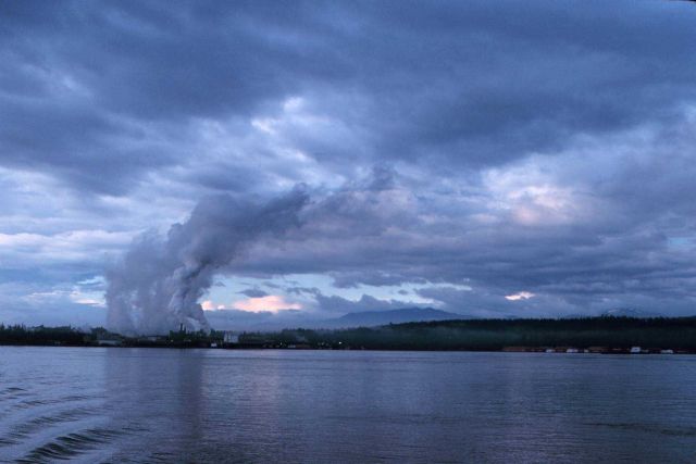 A lumber mill makes its own weather along the Inside Passage. Picture