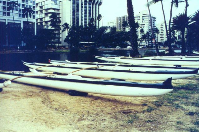 Outrigger canoes along the Ali Wai Canal. Picture