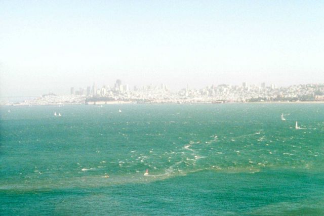 San Francisco Bay tide rips as seen from the Marin side of the Golden Gate. Picture
