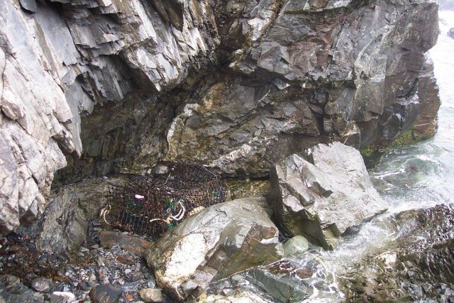Lobster pot, foam-flecked sea, and the hard cliffs of West Quoddy Head. Picture