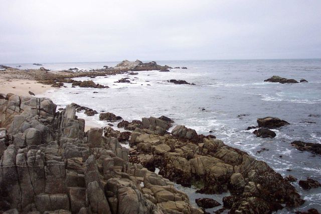 The rocky shores in the Point Pinos area composed of highly erosion resistant Santa Lucia Granodiorite. Picture