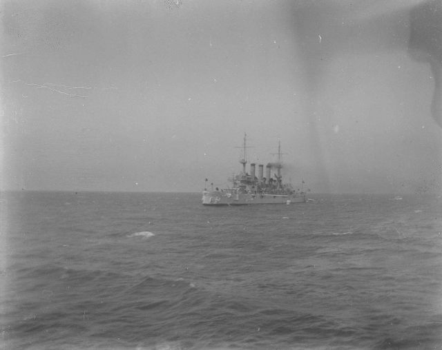 USS CONNECTICUT anchored offshore from Santa Cruz, early May, 1908. Picture