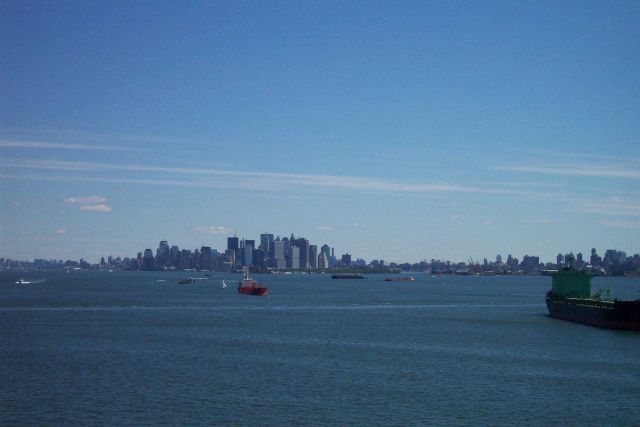 New York skyline as seen from the bridge of the containership SEALAND COMMITMENT after passing through Verrazano Narrows. Picture