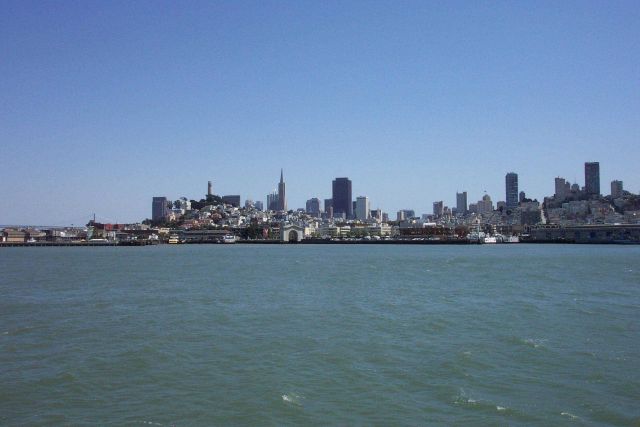 Part of San Francisco skyline as seen from tour boat on the way to Alcatraz. Picture