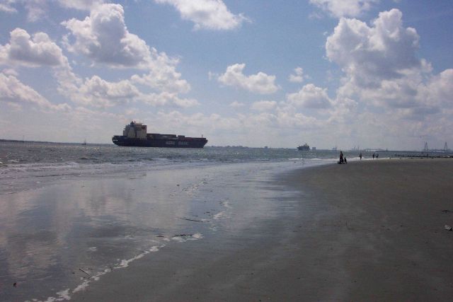 It's easy to see why Charleston is the second busiest container port on the East Coast while walking the beach at Sullivans Island Picture