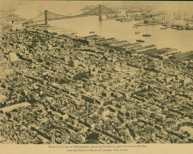 Aerial view of downtown Philadelphia and the Philadelphia waterfront showing what was then the world's largest suspension bridge Picture