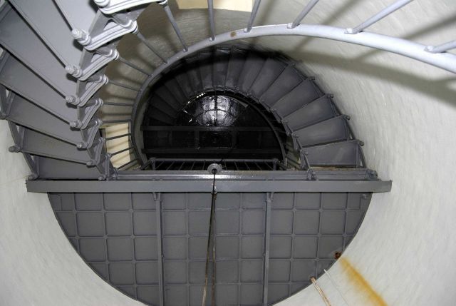 The spiral staircase leading to the light at the Point Conception Lighthouse. Picture