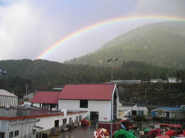 Rainbow and mist over the Coast Guard Base at Ketchikan. Picture