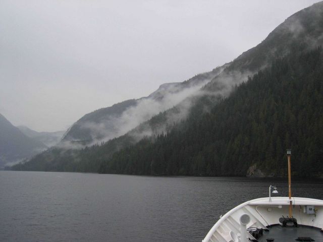 The bow of the RAINIER as it traverses the labyrinthine waterways of SE Alaska. Picture