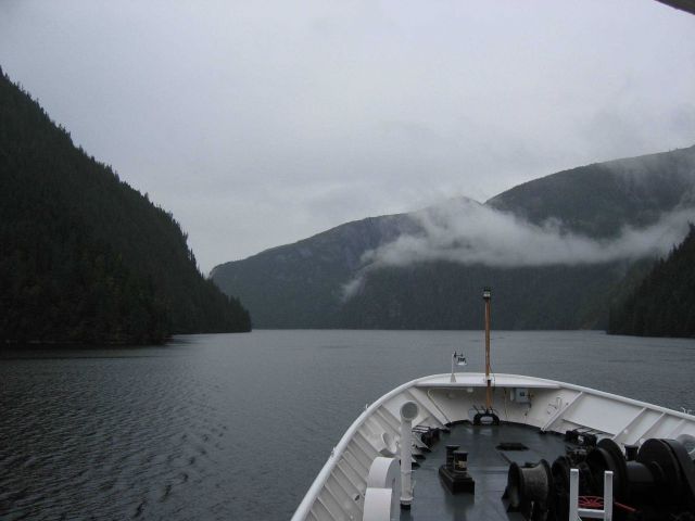 The bow of the RAINIER as it traverses the labyrinthine waterways of SE Alaska. Picture