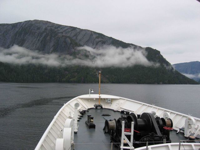 The bow of the RAINIER as it traverses the labyrinthine waterways of SE Alaska. Picture