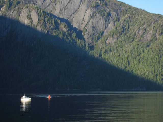 NOAA Ship RAINIER survey launch and RHIB returning to ship at end of day's work in the Rudyerd Bay area. Picture