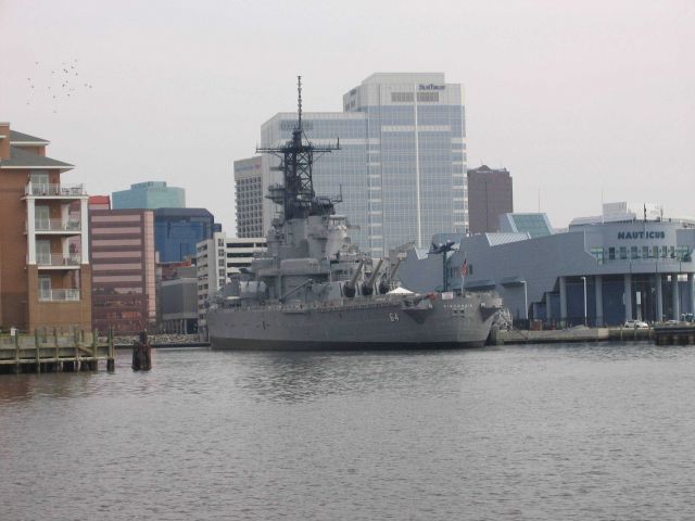The battleship WISCONSIN tied up next to Nauticus on the Norfolk waterfront. Picture