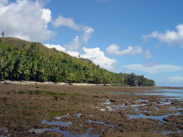 Uncovered reef flat at low tide on the Guam coastline. Picture
