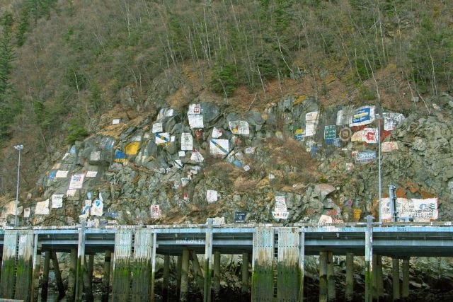 The cruise ship dock at Skagway with artwork commemorating the ships that have visited here. Picture