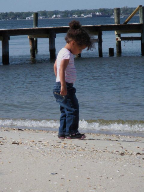 A young beachcomber looking for treasure. Picture